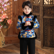 男童唐装冬季加厚加绒男孩汉服过年拜年服冬装中国风宝宝周岁套装