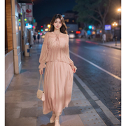 法式复古粉色雪纺衬衫上衣，+半身裙两件套2024春季温柔套装韩系风