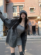 韩版灰色针织开衫外套女秋季宽松中长款氛围，感v领毛衣上衣