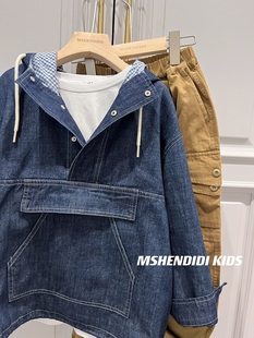 2024春季 韩国设计款 男女童套头牛仔上衣韩版儿童长袖卫衣外套秋