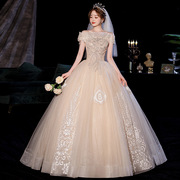 春季香槟色公主气质婚纱礼服，一字肩齐地网纱，结婚主婚纱