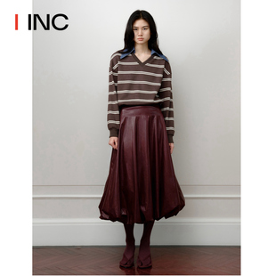 MON VOEU设计师品牌IINC 23AW酒红色蓬蓬裙中长款皮裙女