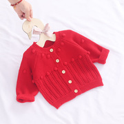 宝宝洋气开衫纯棉1-3岁女童针织衫6月婴儿外套公主红色毛衣春秋装