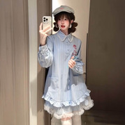 甜美学院风蓝色条纹POLO领衬衫连衣裙女夏季时尚蕾丝拼接蓬蓬短裙