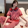 睡衣女夏季纯棉短袖，长裤两件套装，韩版宽松学生红色格子春秋家居服