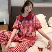睡衣女夏季纯棉短袖长裤，两件套装韩版宽松学生，红色格子春秋家居服
