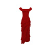 珊瑚天丝羊毛红色一字肩连衣裙春小众设计荷叶边长裙子