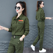 迷彩服衬衫女春季韩版军绿色工装长袖薄款显瘦休闲长裤两件套