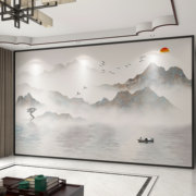 新中式3d立体水墨山水电视，背景墙壁纸客厅墙纸，定制壁布卧室墙壁布
