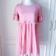 紫系列粉色雪纺连衣裙，仙美褶皱摆吊带两件套连衣裙品牌折扣女装