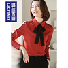 红色蝴蝶结衬衫女长袖，时尚洋气复古雪纺系带衬衣，2023打底职业上衣