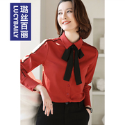 红色蝴蝶结衬衫女长袖时尚洋气复古雪纺系带衬衣2021打底职业上衣