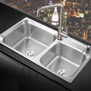 厨房水槽双槽304不锈钢拉丝洗菜盆厨盆洗碗池，套餐斜边水池加厚