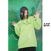 UX2023秋季中长款黄绿色假两件长袖卫衣女宽松设计感百搭上衣