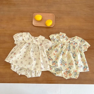 婴儿衣服夏装女宝宝套装短袖，碎花上衣裙，+短裤两件套棉质可爱超萌
