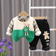 童装男宝宝秋冬三件套装，洋气0-1-2-3岁婴儿加绒男童薄绒冬装卫衣4