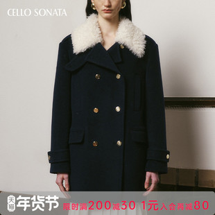 Cello SonataAW23秋冬双排扣毛领羊毛大衣