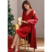 两件套装睡袍女士纯棉长袖中长款裙子春秋季喜庆红色结婚全棉睡衣