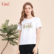 Gitti/吉蒂手工印花立体刺绣圆领T恤女宽松大码棉短袖G241783