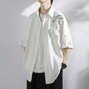 男士冰丝短袖衬衫夏季新中式竹叶印花休闲衬衣大码青少年外套