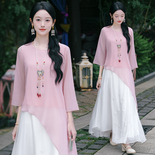 2023秋新中式女装复古民族风百搭圆领，不对称中袖衬衫提花裙两件套