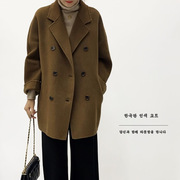 韩版2023秋冬双面手缝羊毛中长款纯色西装领外套女甜美简约风
