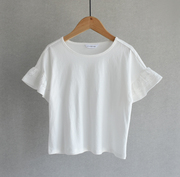 夏装上(夏装上)新~出口韩国品牌女中大童，黑色白色纯棉短袖花边袖子t恤衫