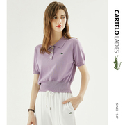鳄鱼紫色polo领针织衫女冰丝，短袖薄款夏季韩版时尚显瘦短t恤