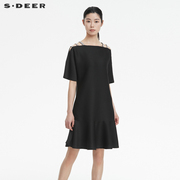 sdeer圣迪奥露肩长裙肌理褶皱拼接裙子黑色连衣裙流行S222Z1261