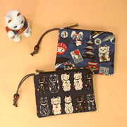 日式和风达摩福寿猫出口纯棉，布艺一体式钥匙包，女拉链零钱袋卡包