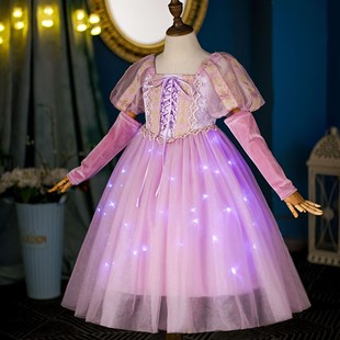 爱洛长发公主裙rapunzel女童，连衣裙短袖夏灯发光网，纱裙万圣节礼服