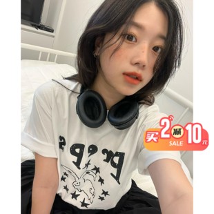 REコンテナ PREPS T-SHIRT星星小兔子印花图案情侣夏季短袖T恤