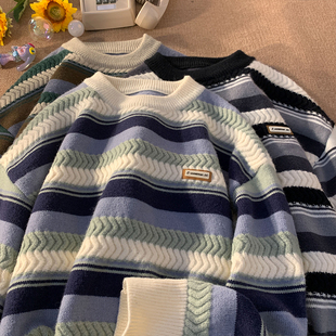 条纹拼接毛衣男2023冬季日系慵懒风设计高级感宽松圆领针织衫