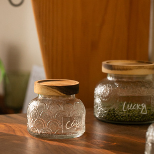 复古玻璃乌檀木，密封罐浮雕厨房储物罐食品咖啡豆，收纳防潮茶叶