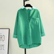 果绿色灯芯绒衬衫短外套女2024春季新韩版单口袋(单口袋)宽松休闲衬衣上衣