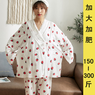 加肥孕妇夏季棉月子服加大码日系蕾丝和服，哺乳睡衣长袖薄款200斤