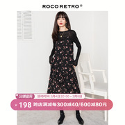 ROCO复古黑色碎花裙吊带裙女春休闲外穿雪纺法式设计感小众连衣裙