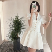 法式复古泡泡袖优雅气质白色礼服越南小众品牌小个子连衣裙短