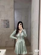SP新翻领长袖针织连衣裙，绿色/米白SML