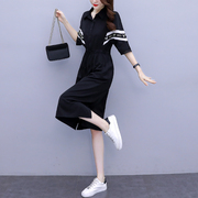 雪纺黑色连衣裙2023韩版衬衫，领抽绳系带收腰遮肚七分袖a字中长裙