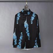 欧美轻奢男装植物花卉蓝色印花长袖衬衫免烫高端商务休闲修身衬衣