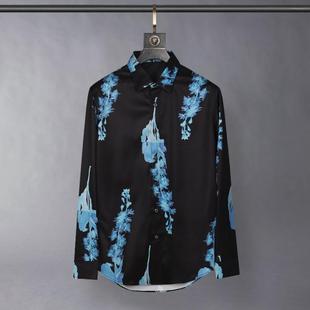 欧美轻奢男装植物花卉，蓝色印花长袖衬衫免烫高端商务休闲修身衬衣