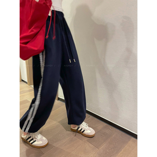 爱情魔鬼鱼 藏青色撞色条纹阔腿裤女2025夏季新款宽松显瘦休闲裤