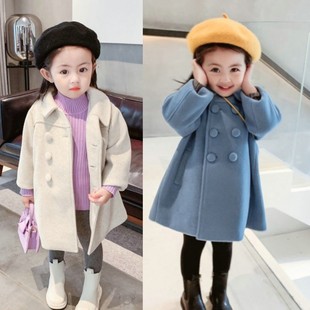 儿童韩版中长款加厚加棉大衣2024冬款女童双排扣呢子，大衣宝宝外套