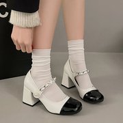 法式玛丽珍鞋女单鞋黑白鞋子，高跟鞋珍珠白色，皮鞋粗跟低跟浅口国风