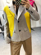 毛呢羊毛西装外套单排扣秋冬长袖拼接黄色灰色短款上衣大衣女设计
