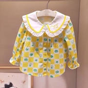 韩国童装春女童宝甜美可爱黄色方格花边，翻领长袖衬衣衬衫