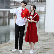 中国青少年泼墨衬衫娃娃领红色，礼服裙初高中学生毕业合唱演出班服