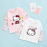 女童小猫衣服假两件长袖T恤夏季薄款防晒袖子上衣女宝宝冰丝短袖