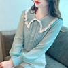 韩版雪纺长袖拼接针织衫，女2023秋装上衣设计感时尚娃娃领毛衣